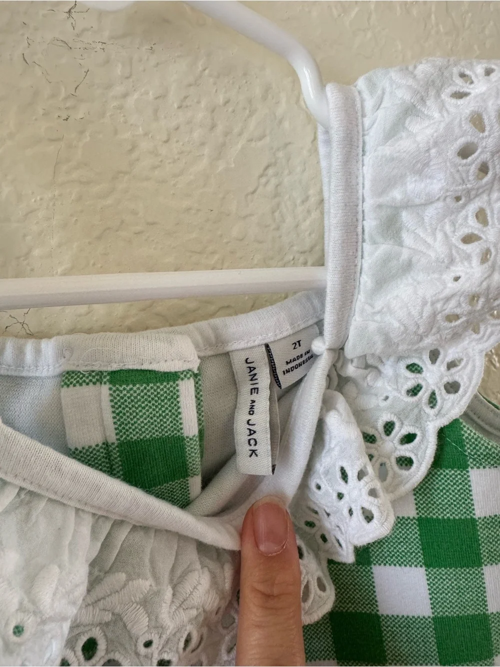 Janie and Jack, Green and White Gingham Ruffle Dress with Eyelet Collar